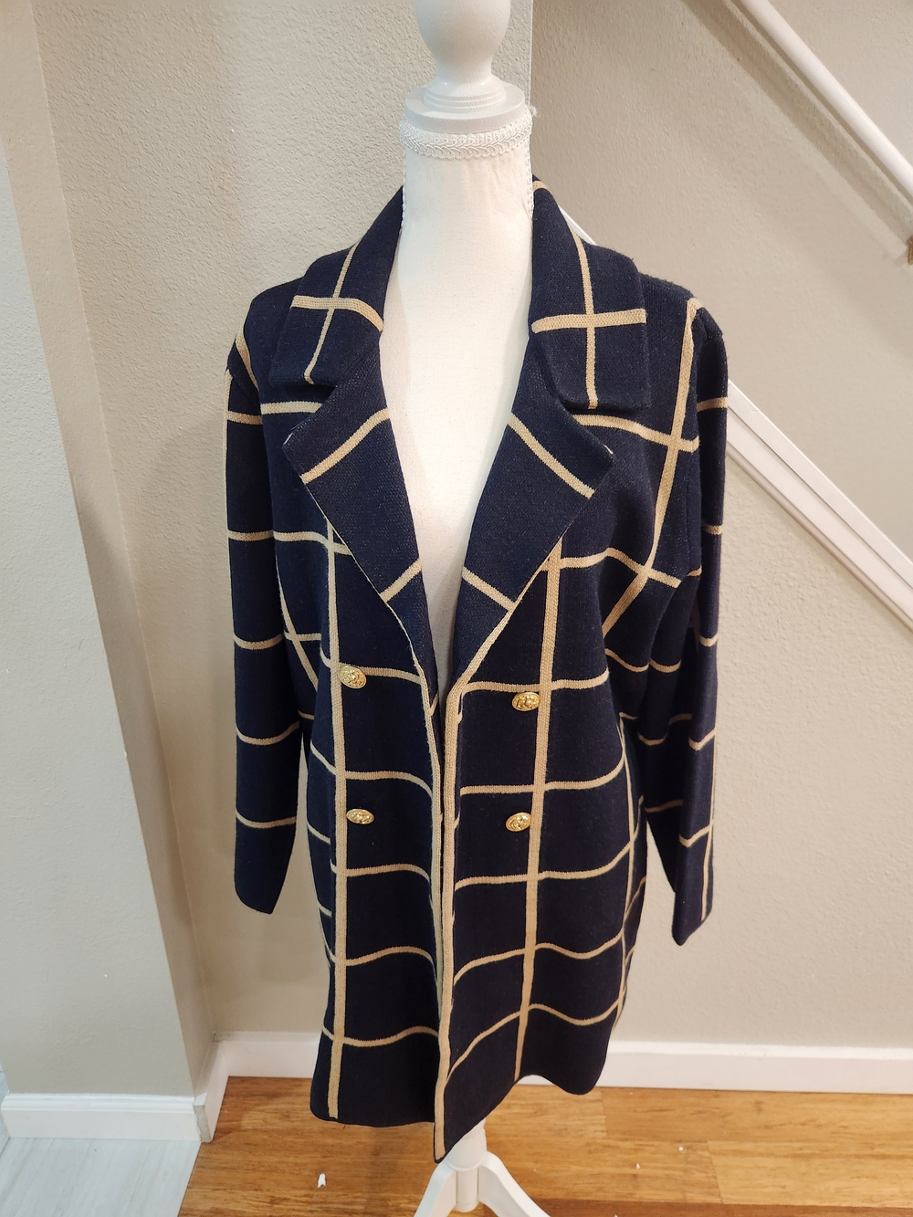 Anne Klein Navy Windowpane Double-Breasted Blazer Coat